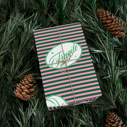 Fragile Sticker on Green & Pink Stripes Gift Wrap Papers, Matte or Satin, Christmas Holiday Wrapping Paper