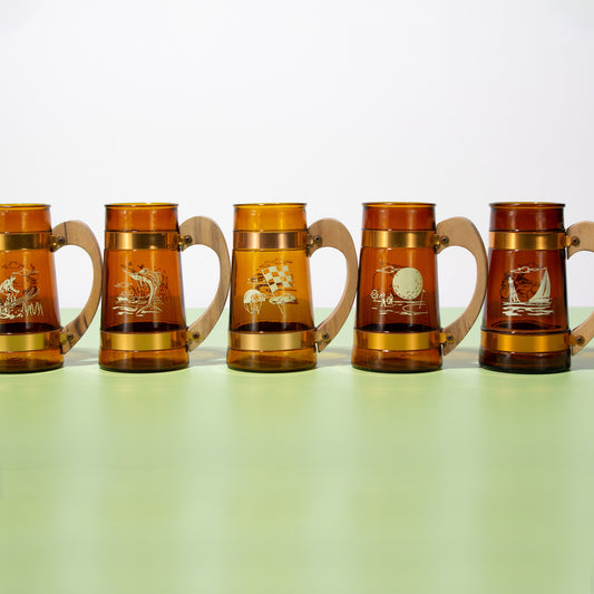 Vintage Brown Glass Mugs with Wooden Handle, 1970s