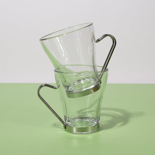 Vintage Vitrosax Italy Cappuccino Glass Mugs with Chrome Handle