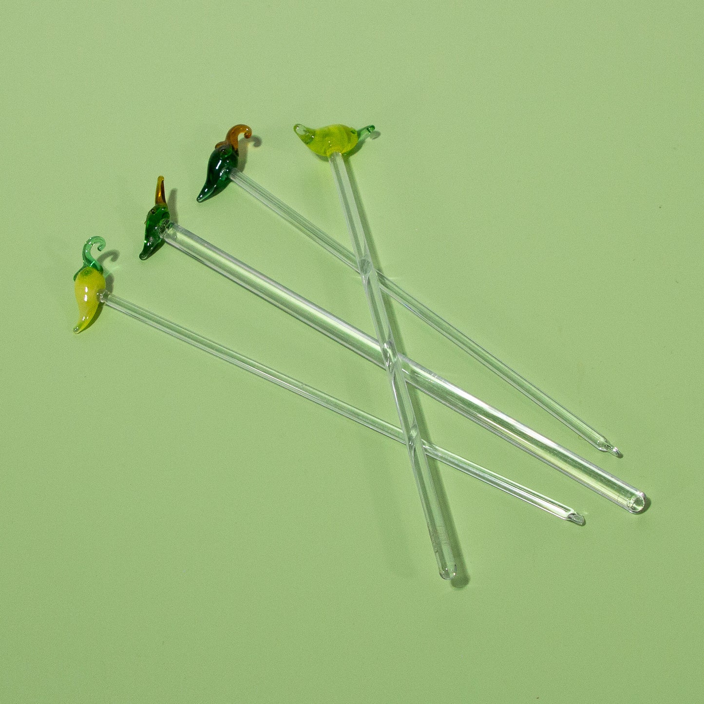 Vintage Handblown Green & Yellow Pepper Glass Swizzle Sticks, Set of 4, 1970s