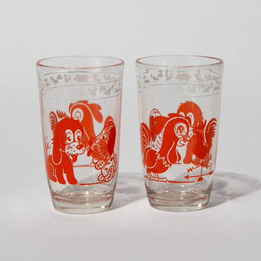 Vintage Puppy Dog & Rooster Small Drinking Glasses, Mid-century, 1950s