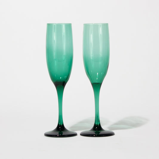 Vintage Juniper Green Glass Champagne Flutes, 1980s