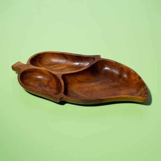 Three Section Leaf-Shaped Monkeypod Snack Tray, 1960s