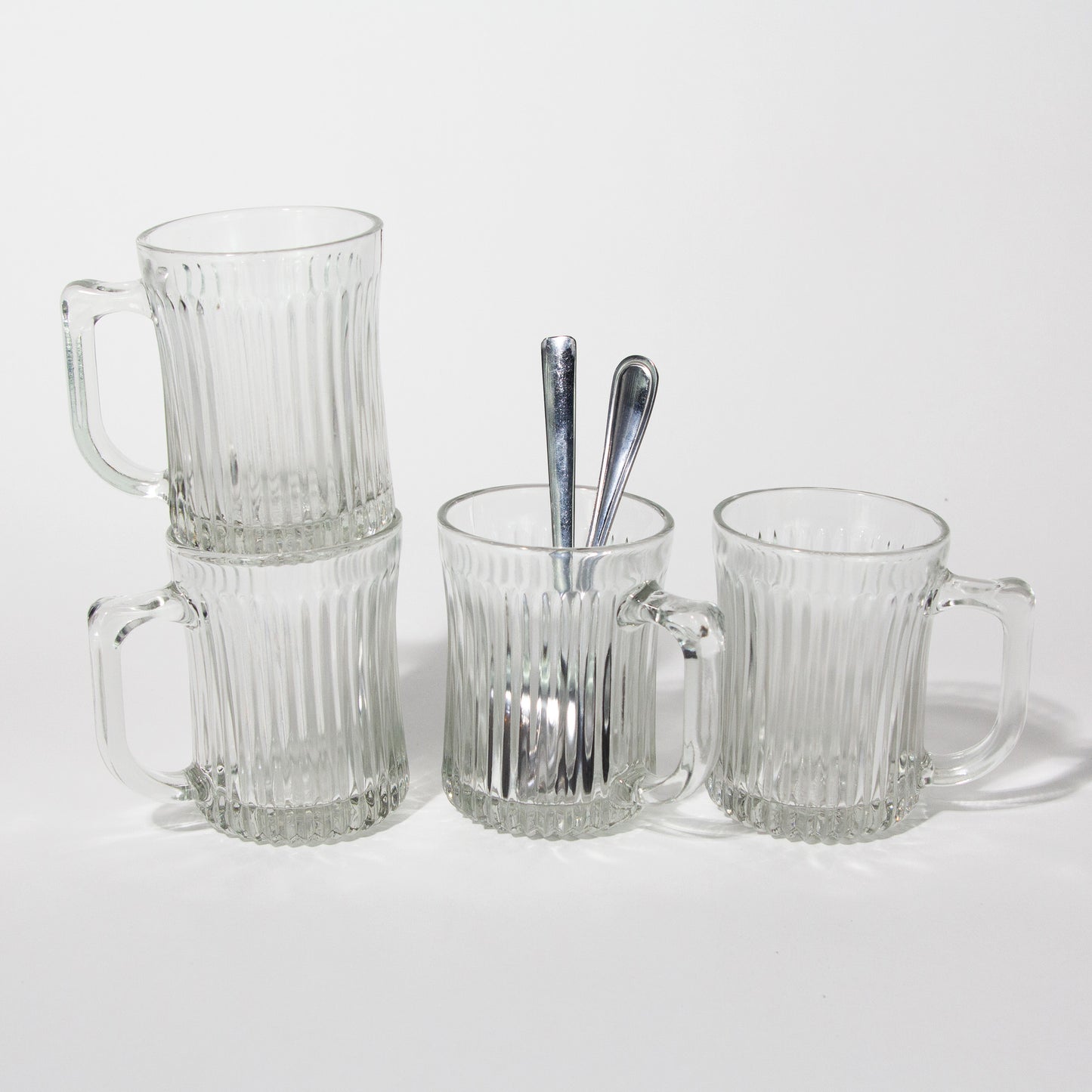 Vintage Clear Glass Ribbed Diner Mugs, 1970s Mid-century