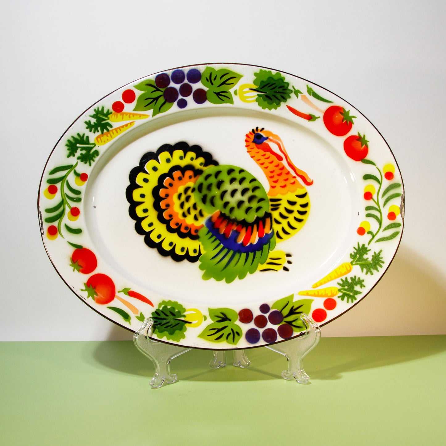 Vintage Enamel Turkey Tray, Thanksgiving Serving Tray, 1960s