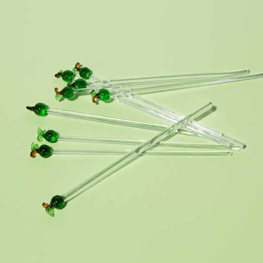 Vintage 1970s Green Apple Glass Swizzle Sticks, Set of 4