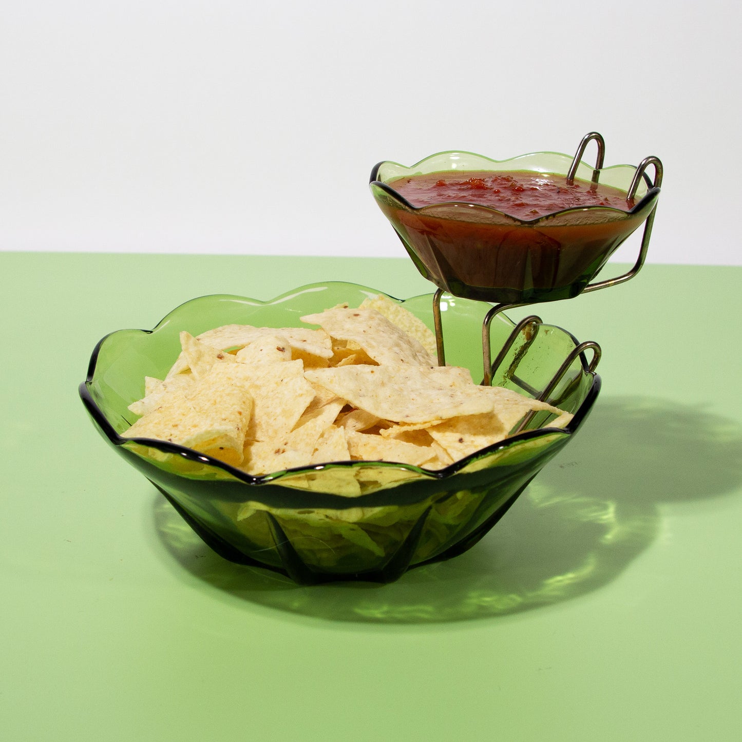Vintage Green GlassChip & Dip Bowl Set, Mid-century 1970s