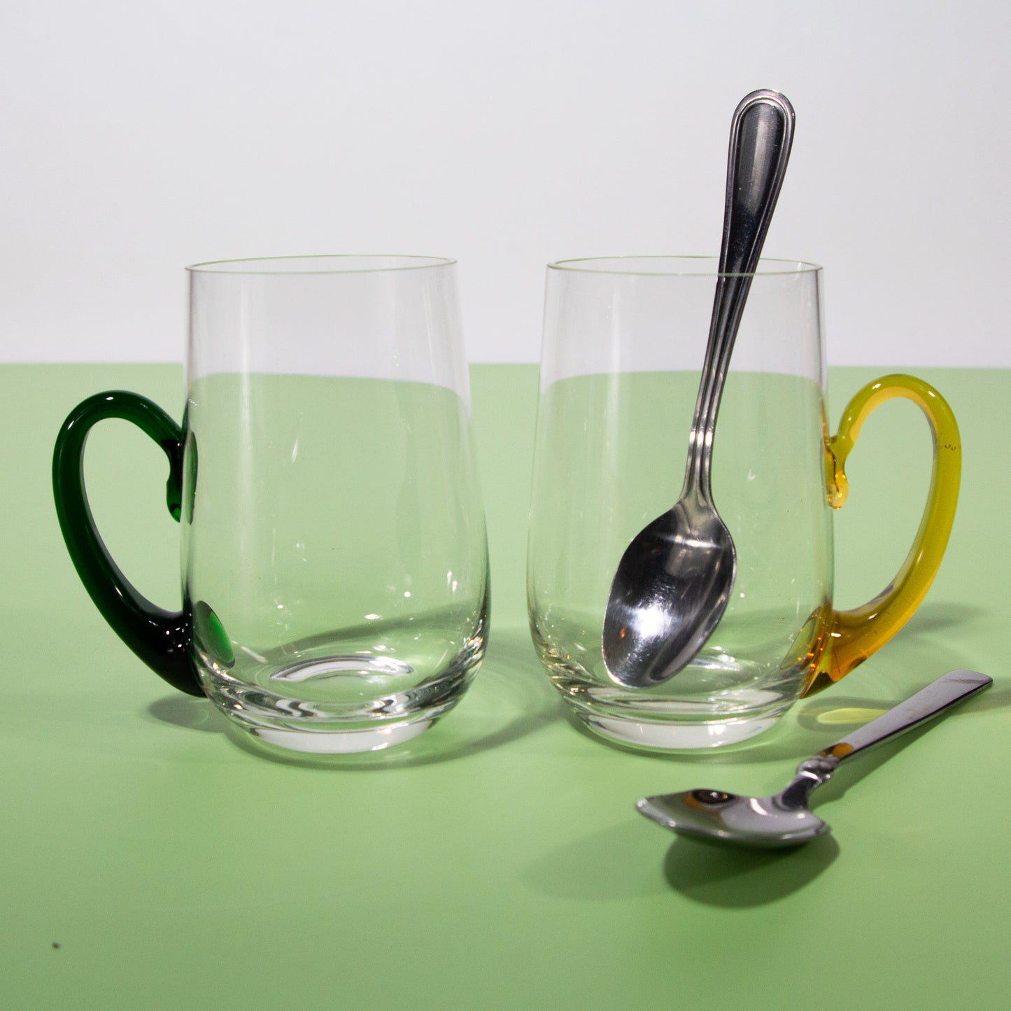 Vintage Handblown Mugs with Green & Yellow Handles, Set of 2, 1970s