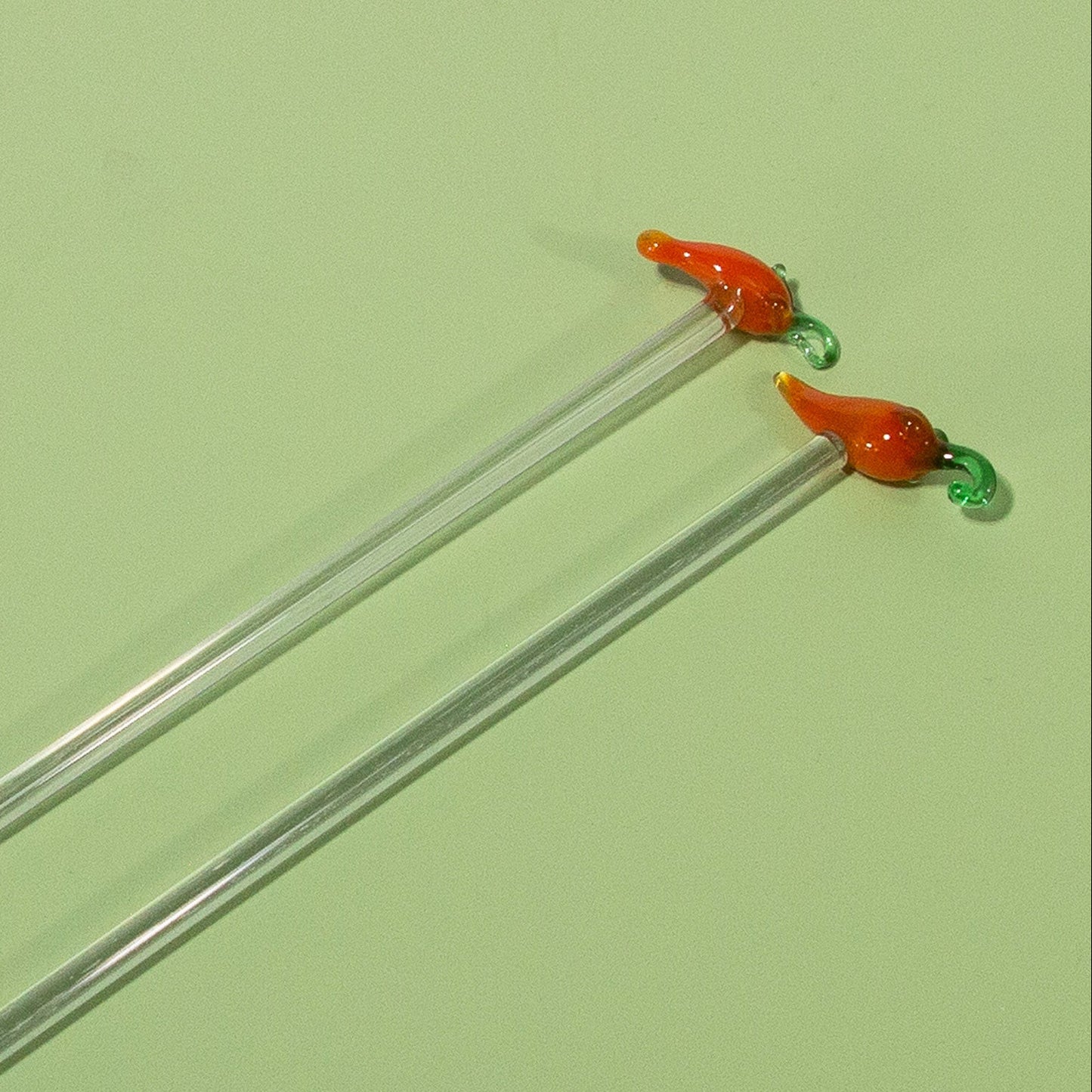 Vintage Handblown Orange Pepper Glass Swizzle Sticks, Set of 2, 1970s