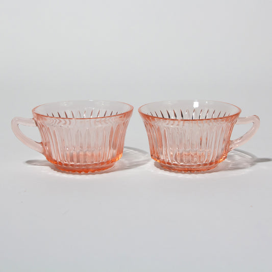 Vintage Ribbed Pink Depression Glass Tea Cups, 1930s