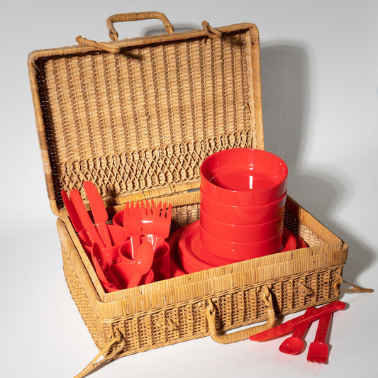 Vintage Red Plastic Picnic Set & Basket, 1970s Hong Kong
