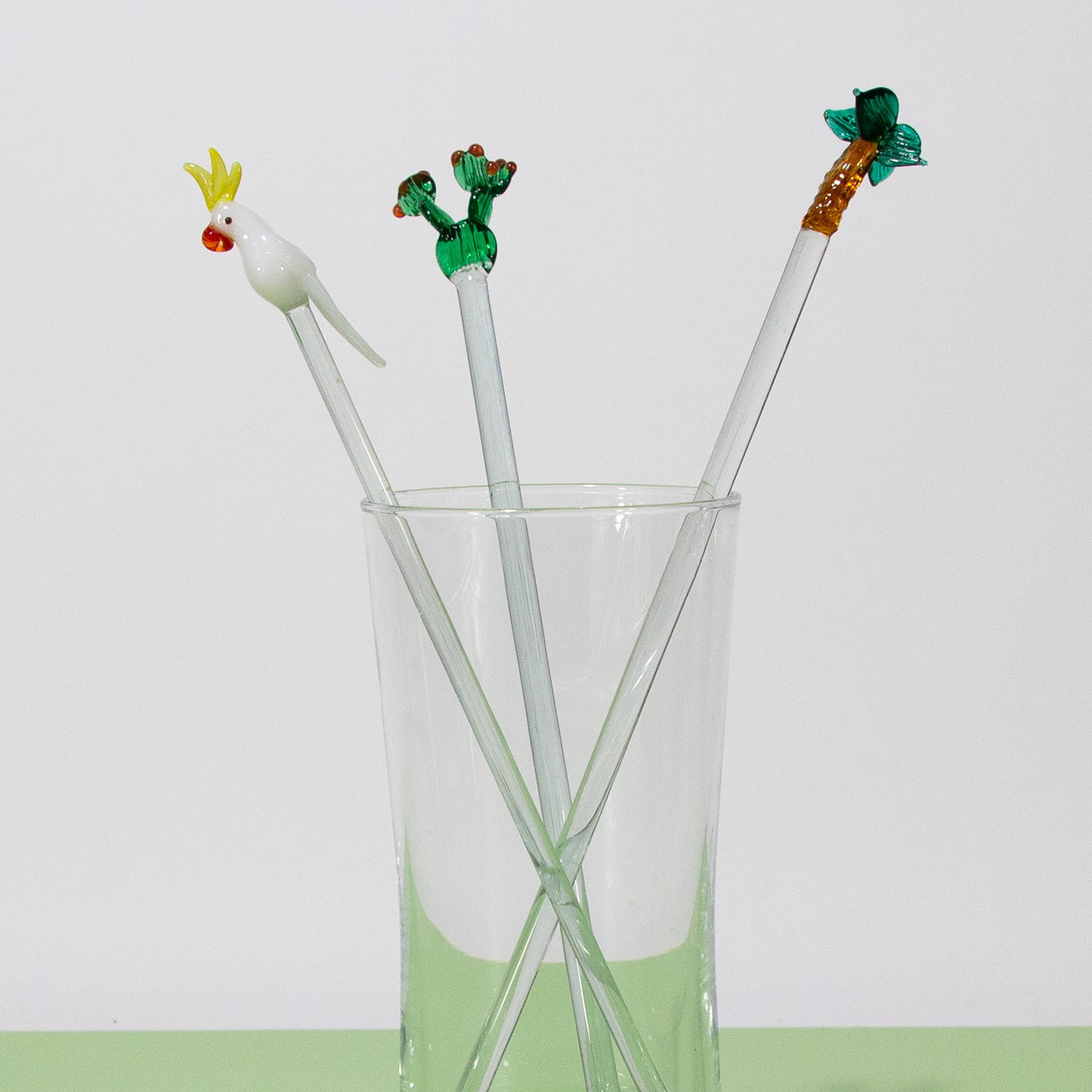 Vintage Glass Swizzle Stick Set (Palm Tree, Cactus, White Cockatoo), 1970s