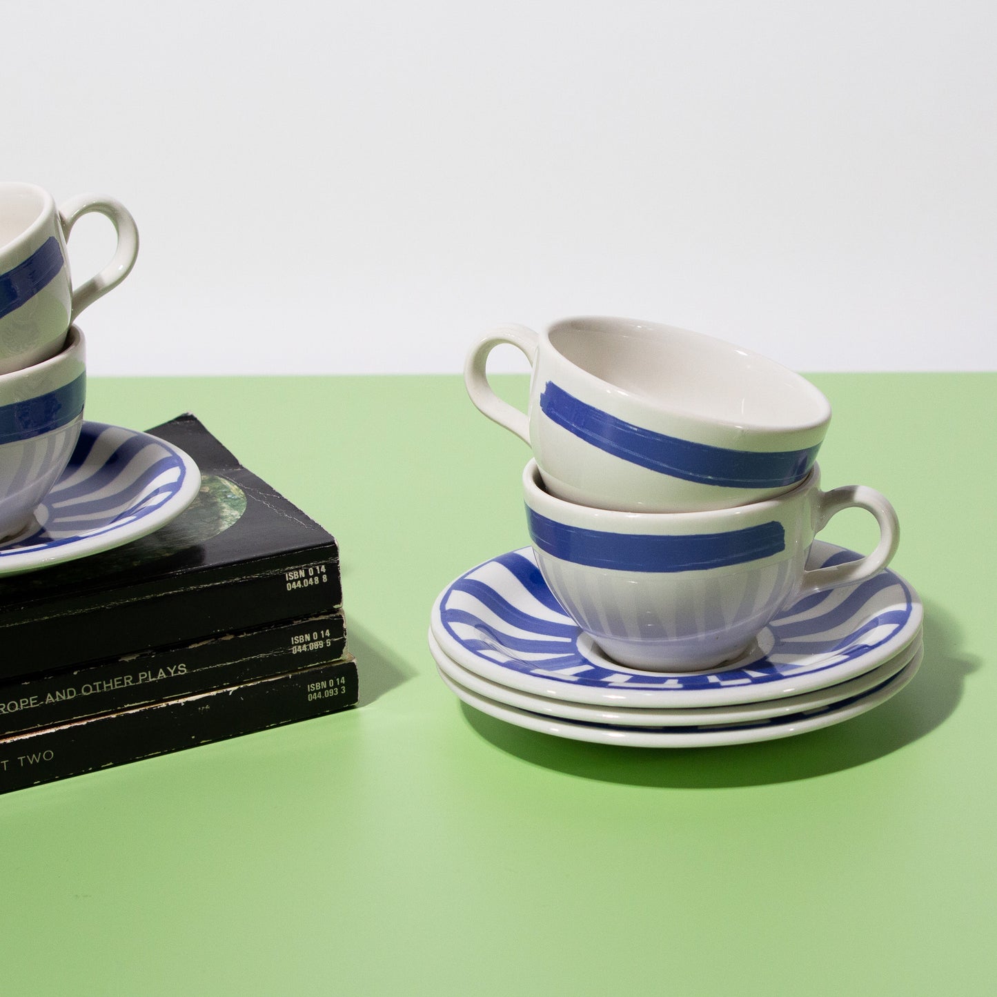 Vintage White & Blue Striped Mug and Saucers, Made in England, 1990s