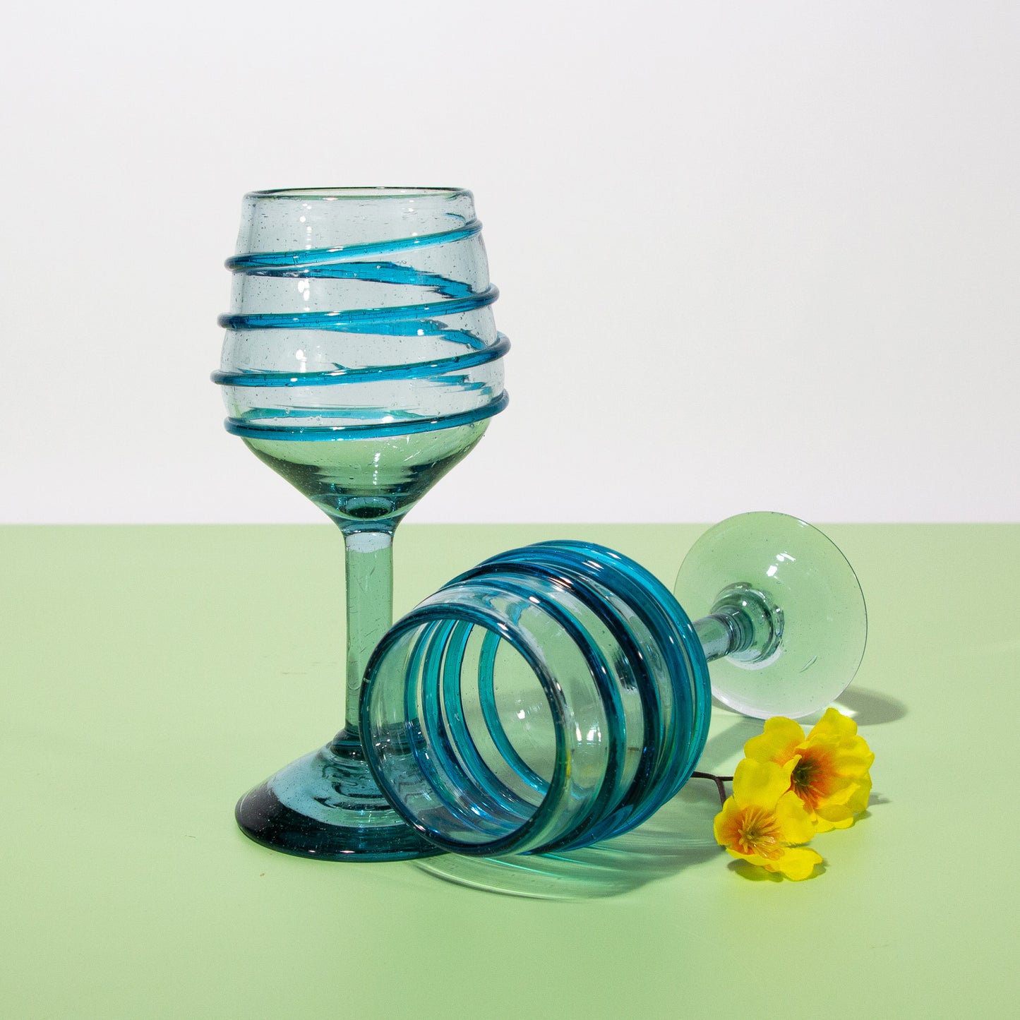 Vintage Blue Swirl Hand blown Wine Glasses, 1990s