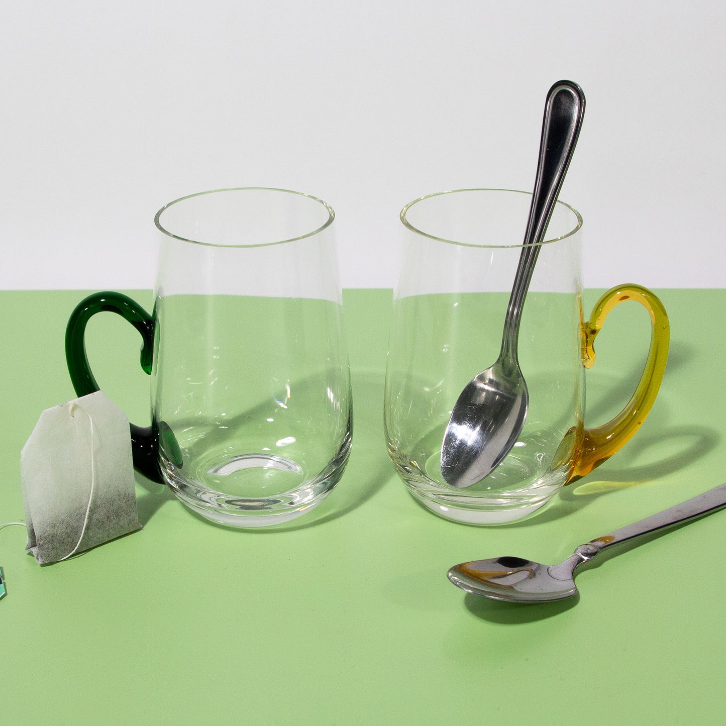 Vintage Handblown Mugs with Green & Yellow Handles, Set of 2, 1970s