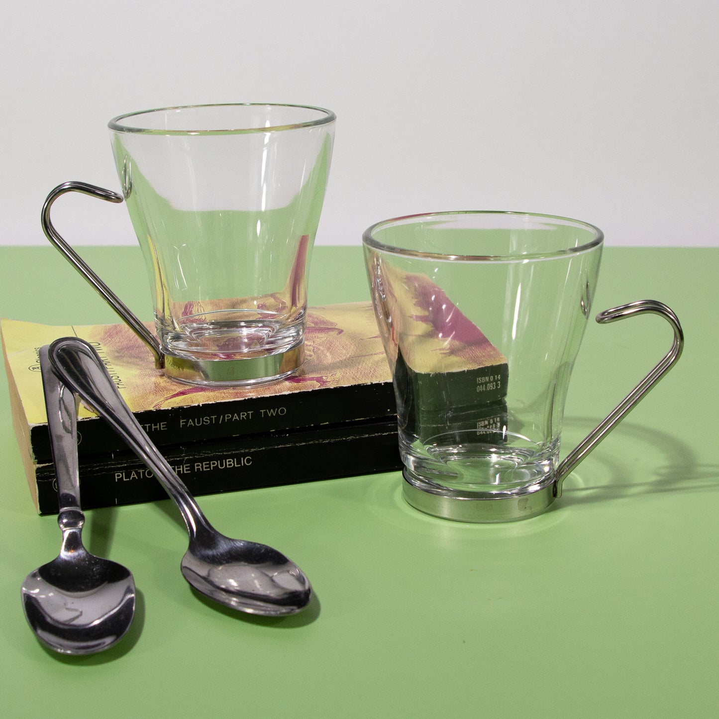 Vintage Vitrosax Italy Cappuccino Glass Mugs with Chrome Handle