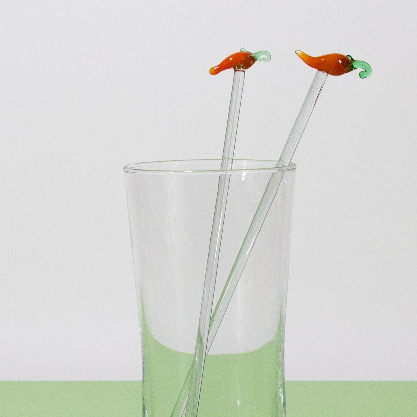 Vintage Handblown Orange Pepper Glass Swizzle Sticks, Set of 2, 1970s
