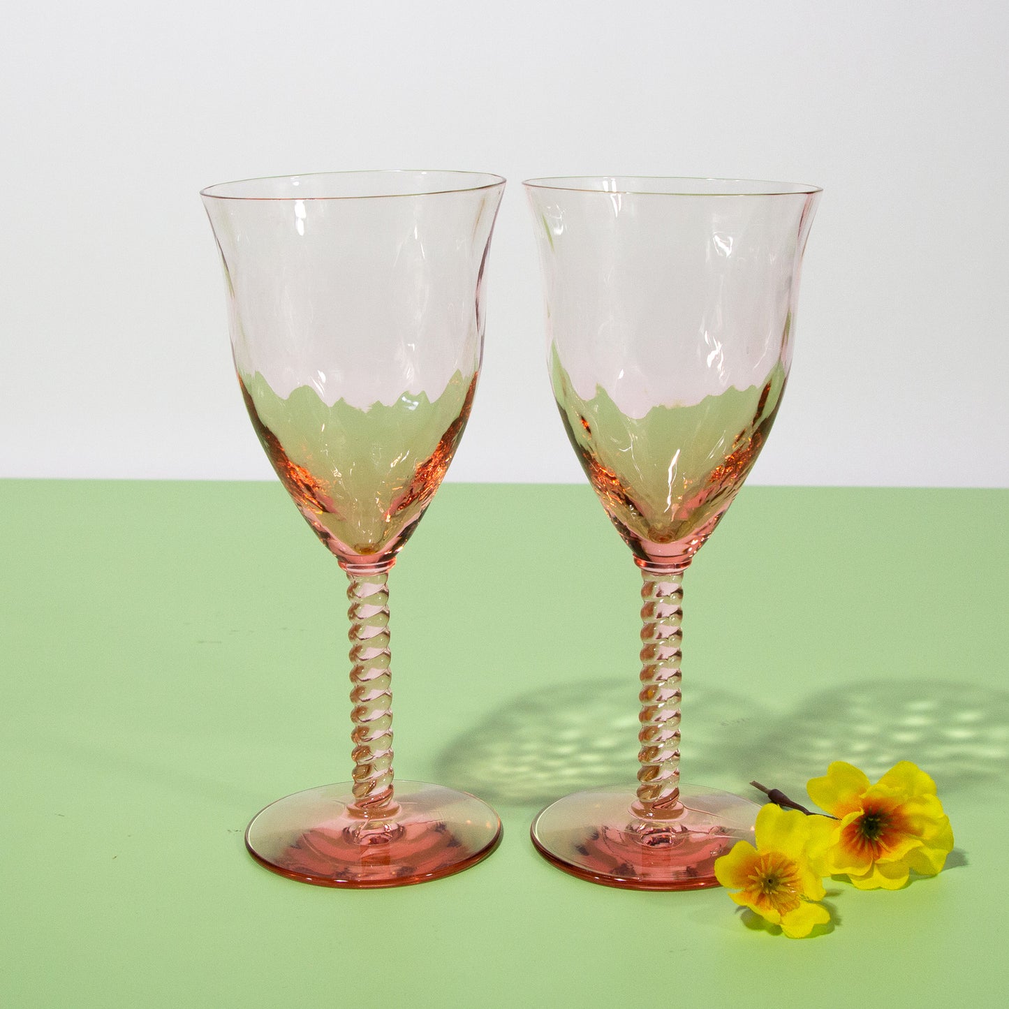 Vintage Twisted Stem Pink Wine Glasses, Mid-Century 1940s