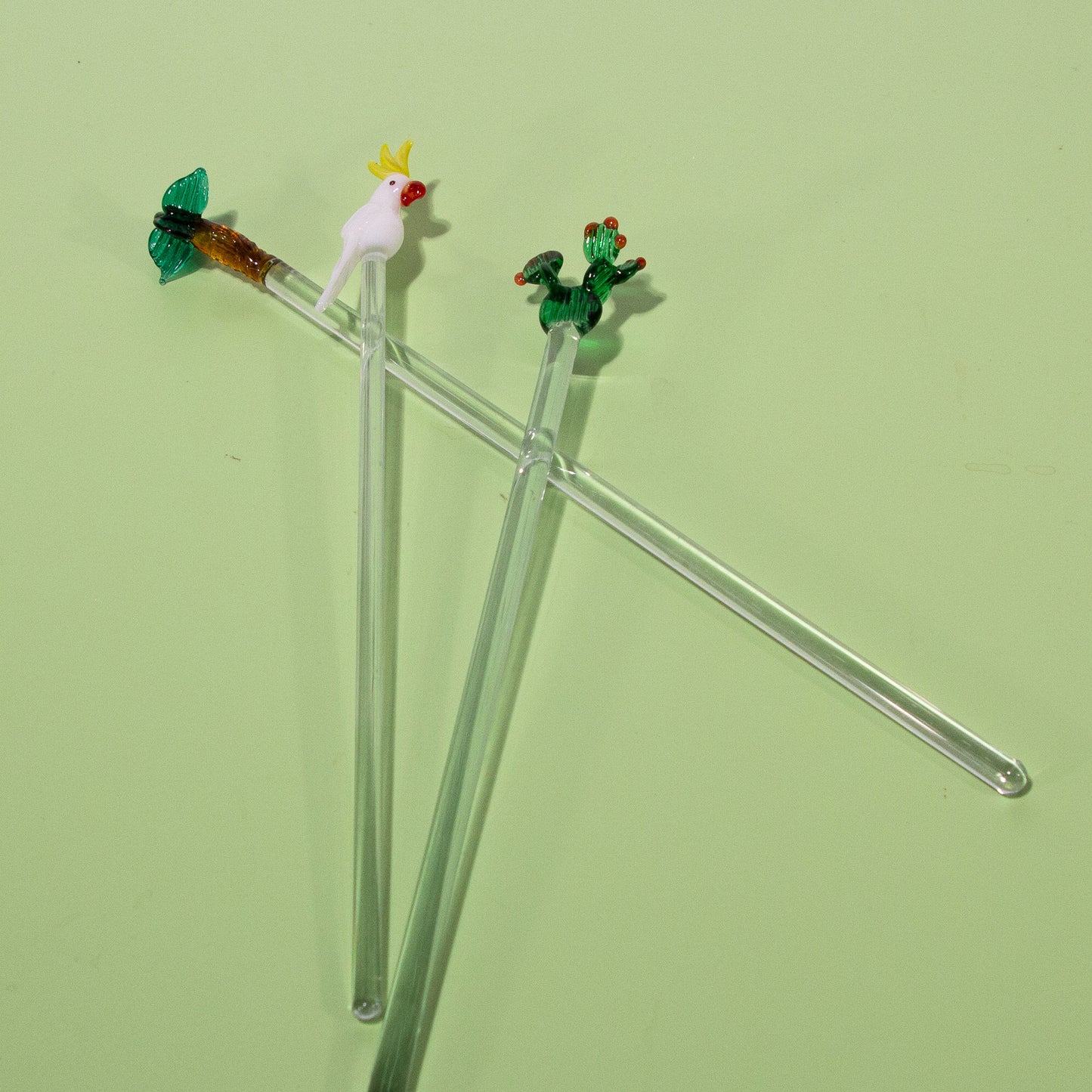 Vintage Glass Swizzle Stick Set (Palm Tree, Cactus, White Cockatoo), 1970s
