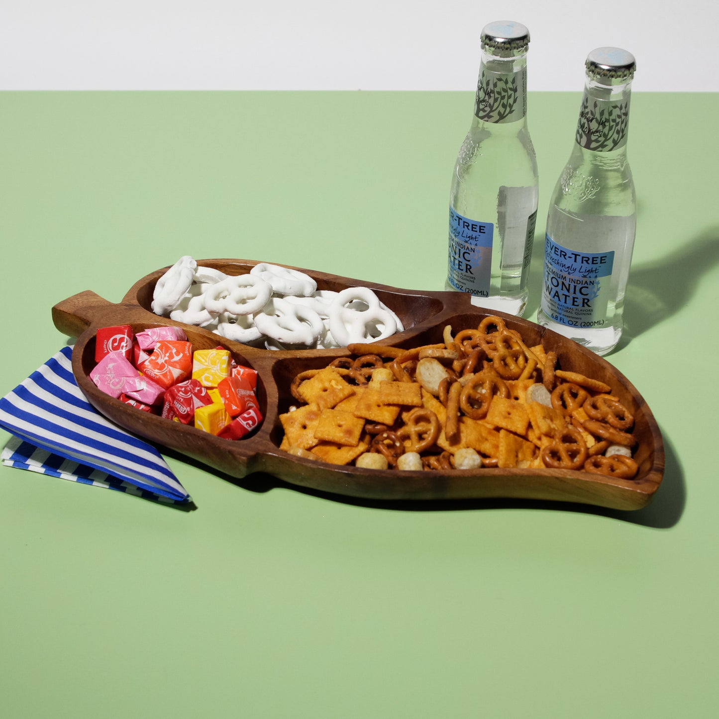 Three Section Leaf-Shaped Monkeypod Snack Tray, 1960s