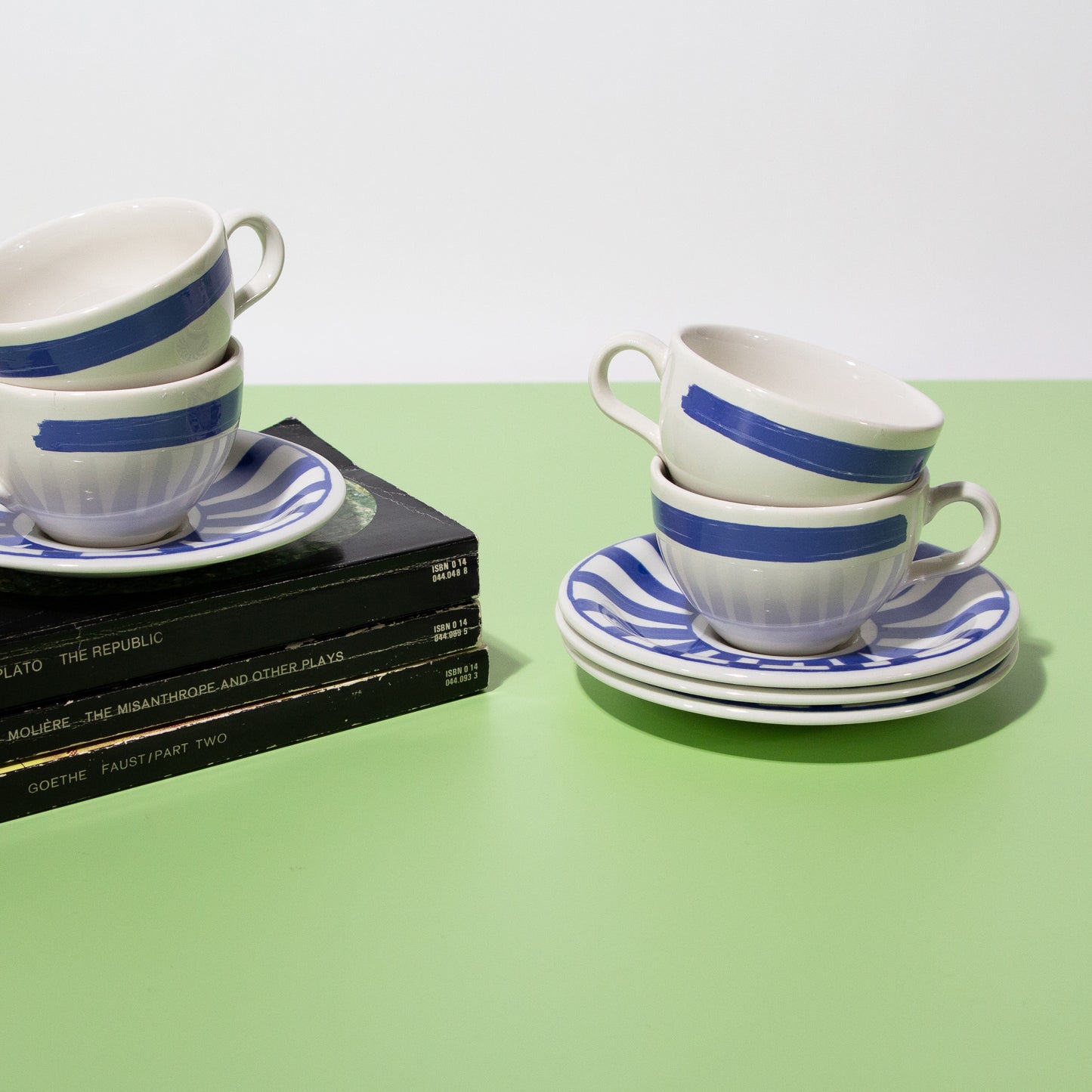 Vintage White & Blue Striped Mug and Saucers, Made in England, 1990s