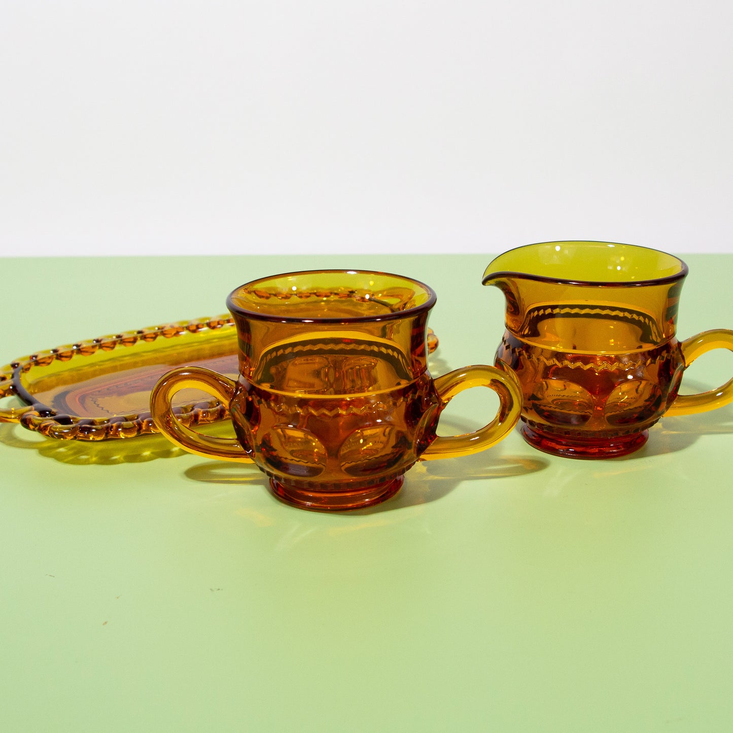 Vintage Amber Glass Sugar & Creamer Set with Saucer, 1980s