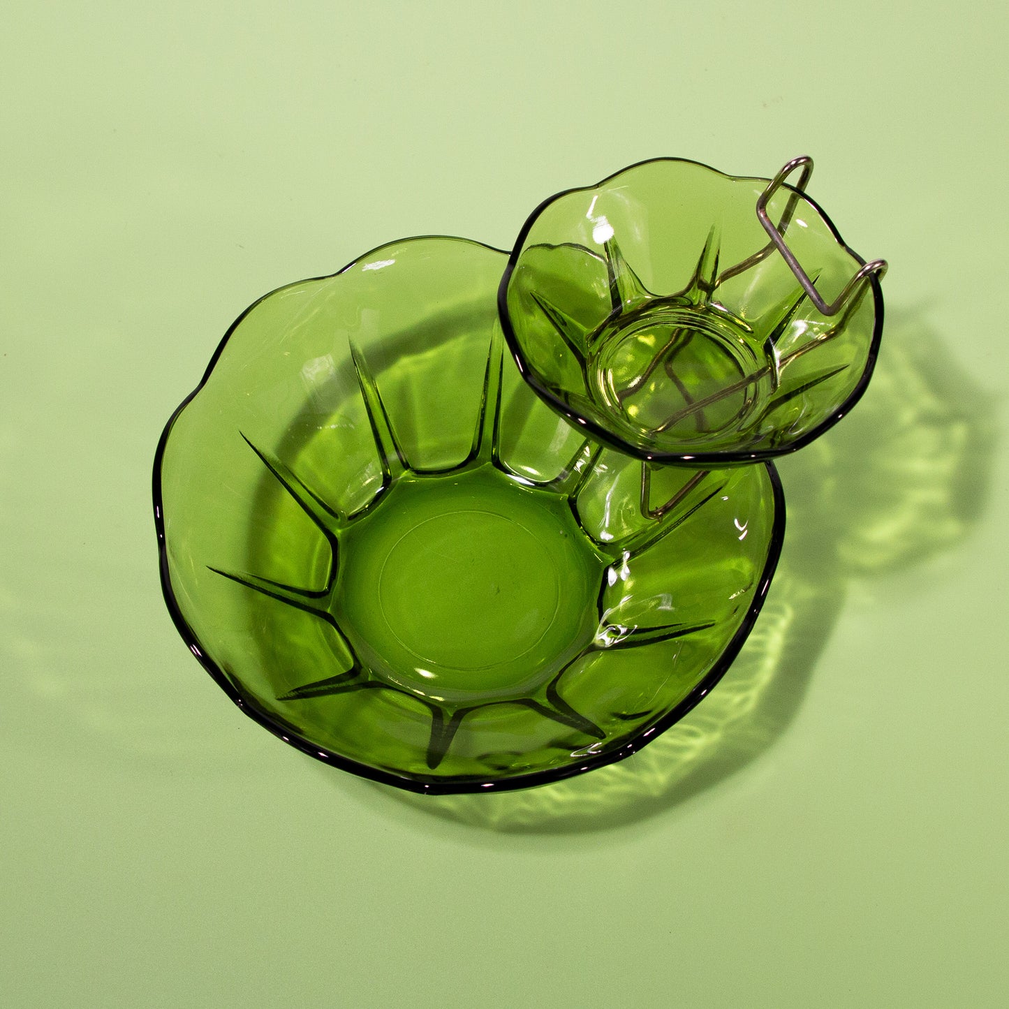 Vintage Green GlassChip & Dip Bowl Set, Mid-century 1970s
