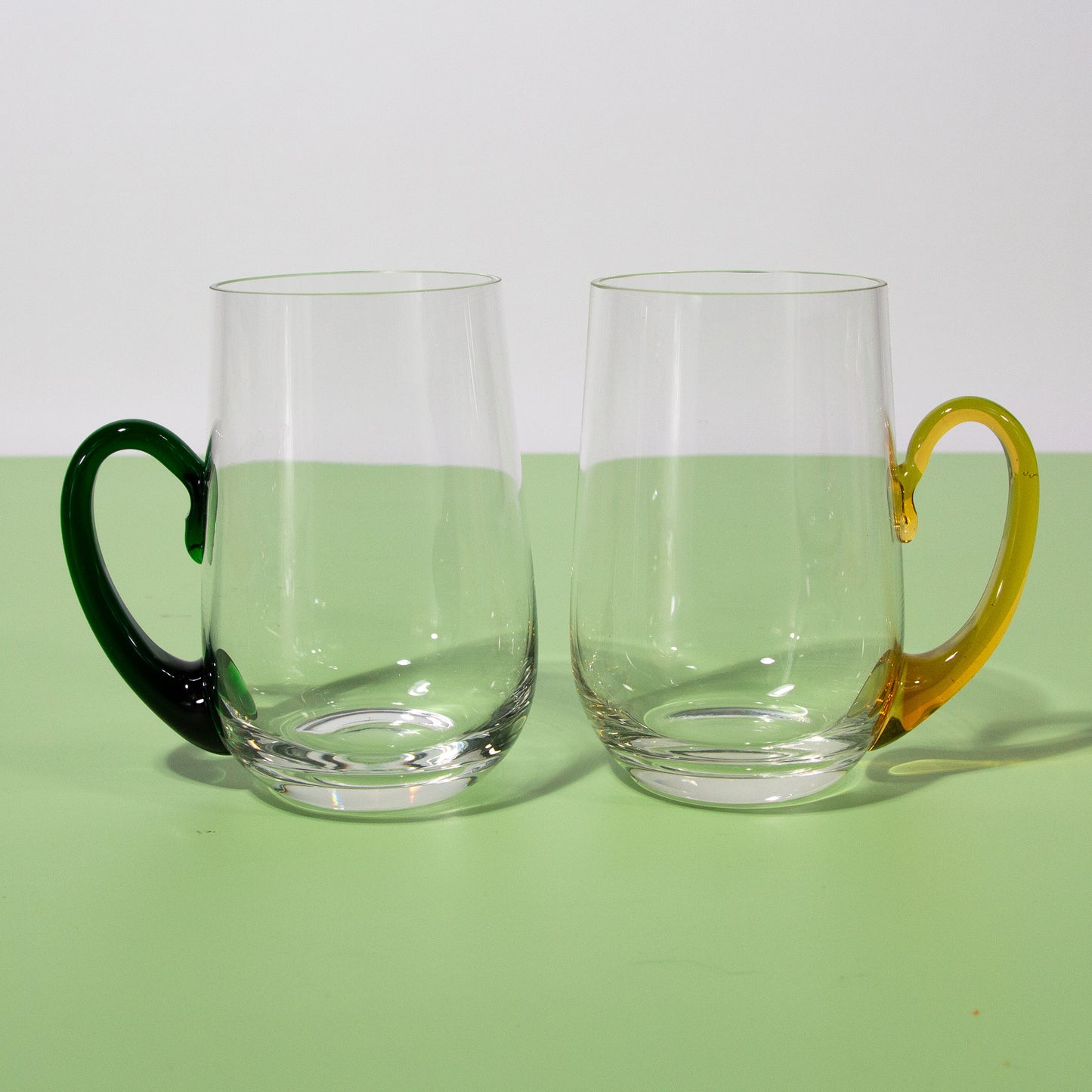 Vintage Handblown Mugs with Green & Yellow Handles, Set of 2, 1970s