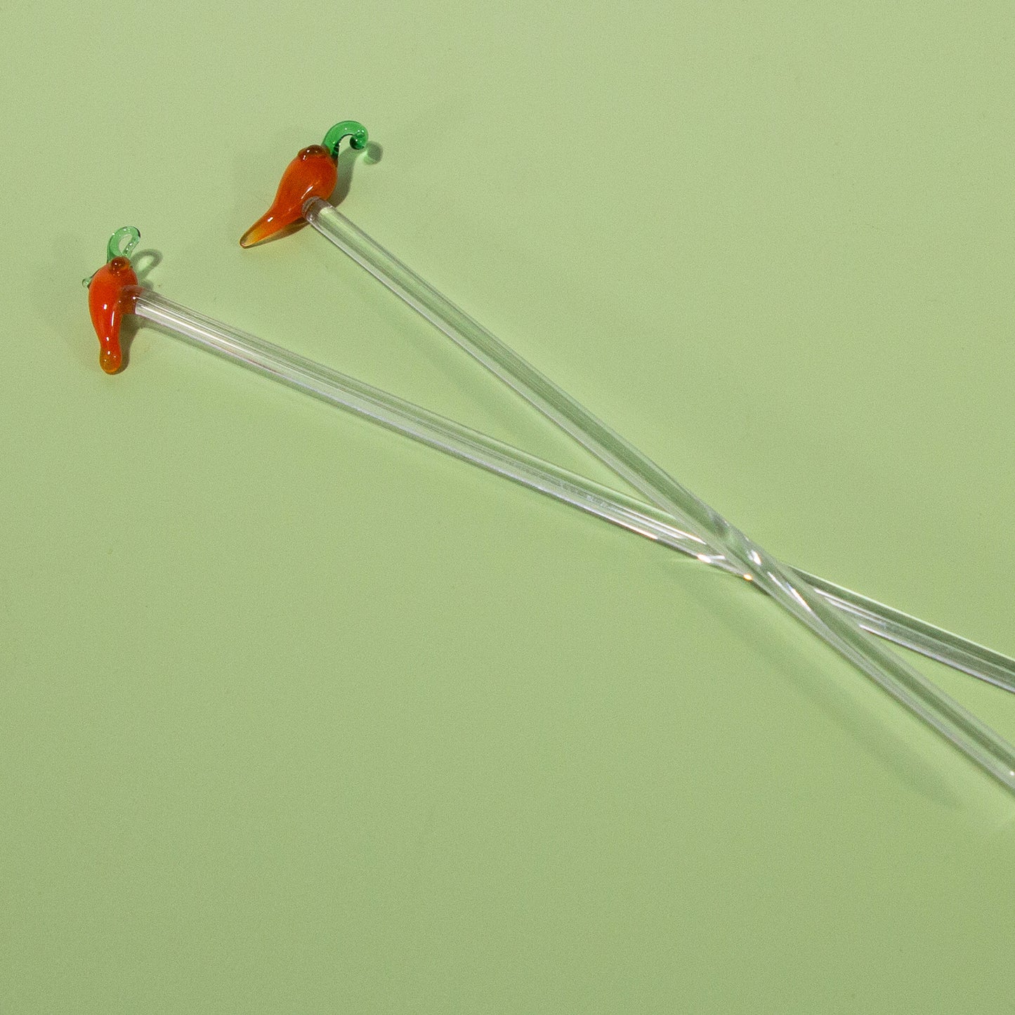 Vintage Handblown Orange Pepper Glass Swizzle Sticks, Set of 2, 1970s