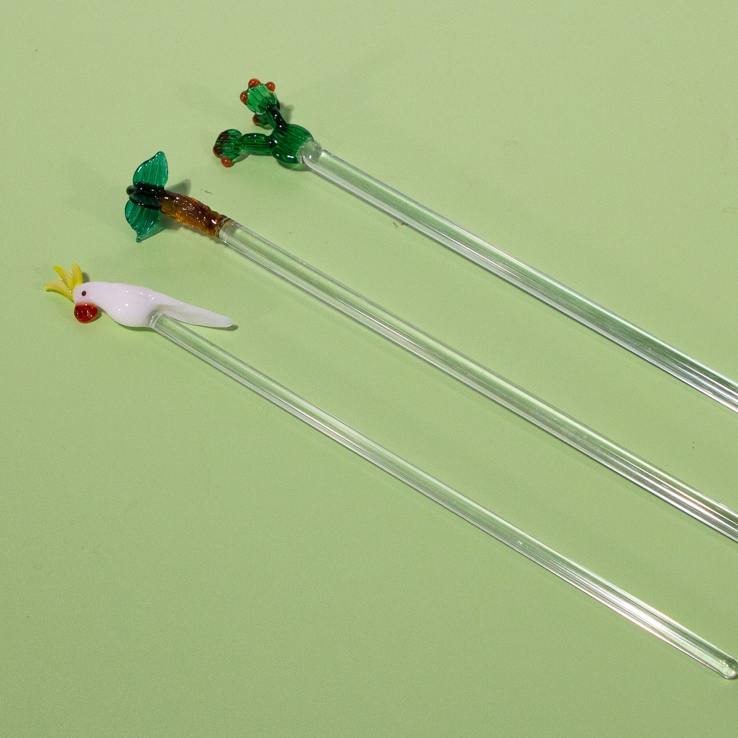 Vintage Glass Swizzle Stick Set (Palm Tree, Cactus, White Cockatoo), 1970s