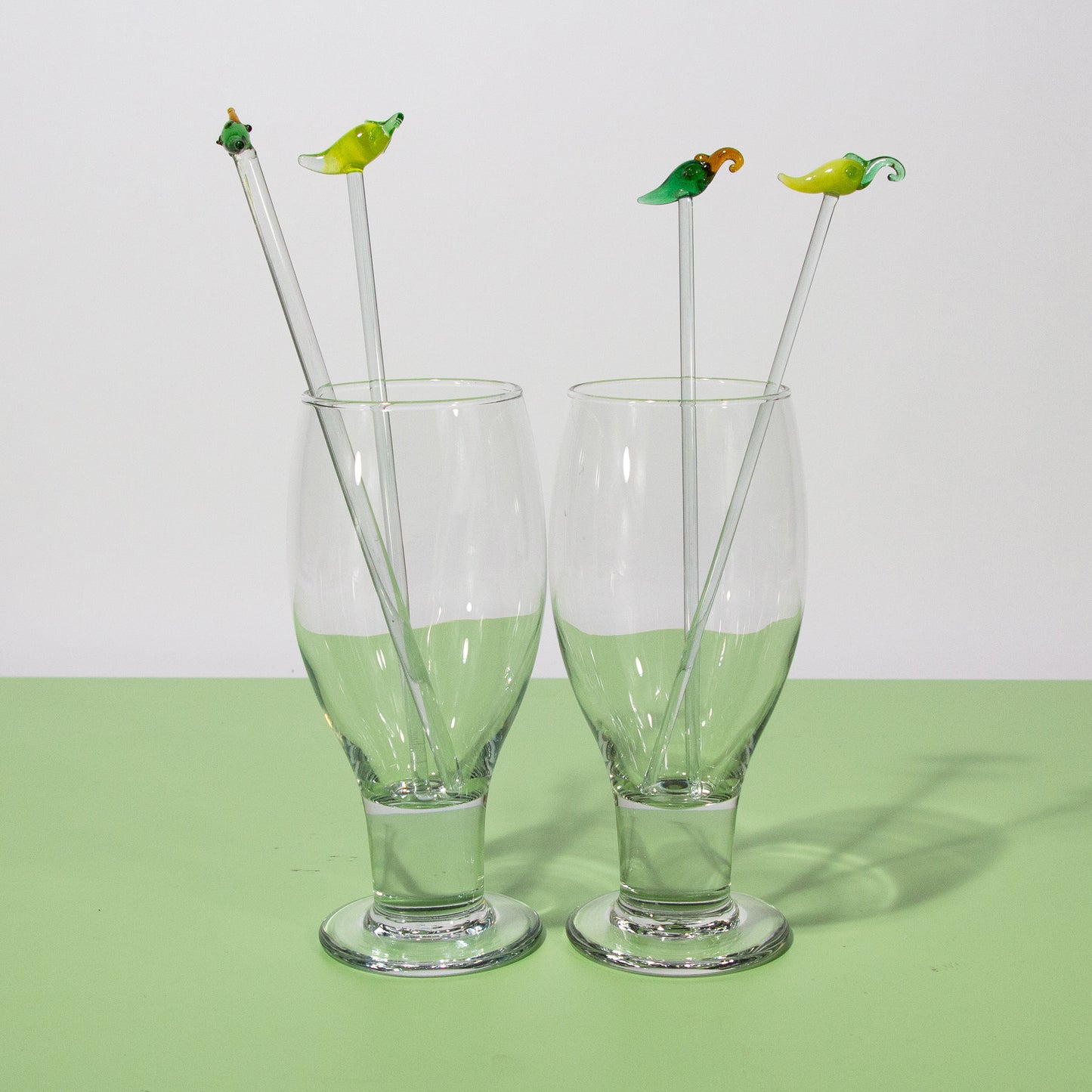 Vintage Handblown Green & Yellow Pepper Glass Swizzle Sticks, Set of 4, 1970s