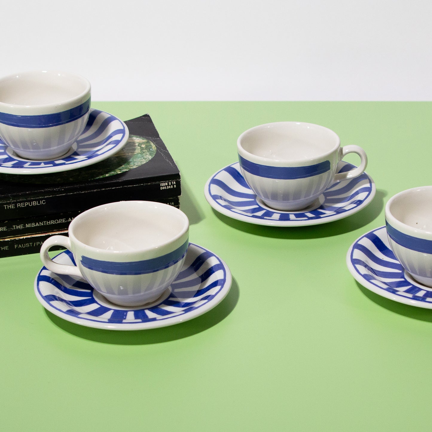 Vintage White & Blue Striped Mug and Saucers, Made in England, 1990s