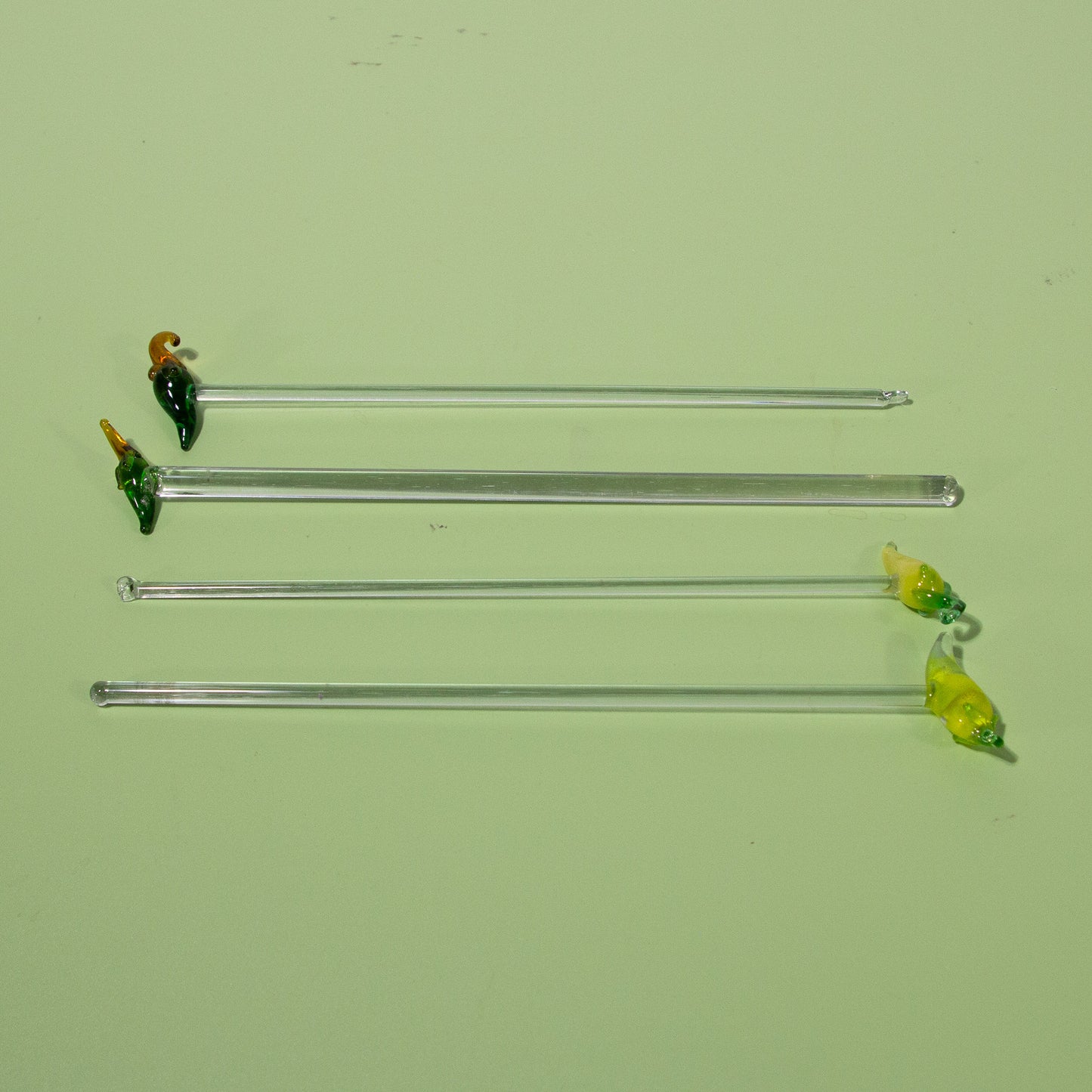 Vintage Handblown Green & Yellow Pepper Glass Swizzle Sticks, Set of 4, 1970s