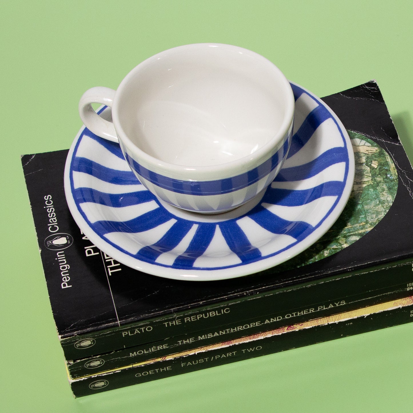Vintage White & Blue Striped Mug and Saucers, Made in England, 1990s