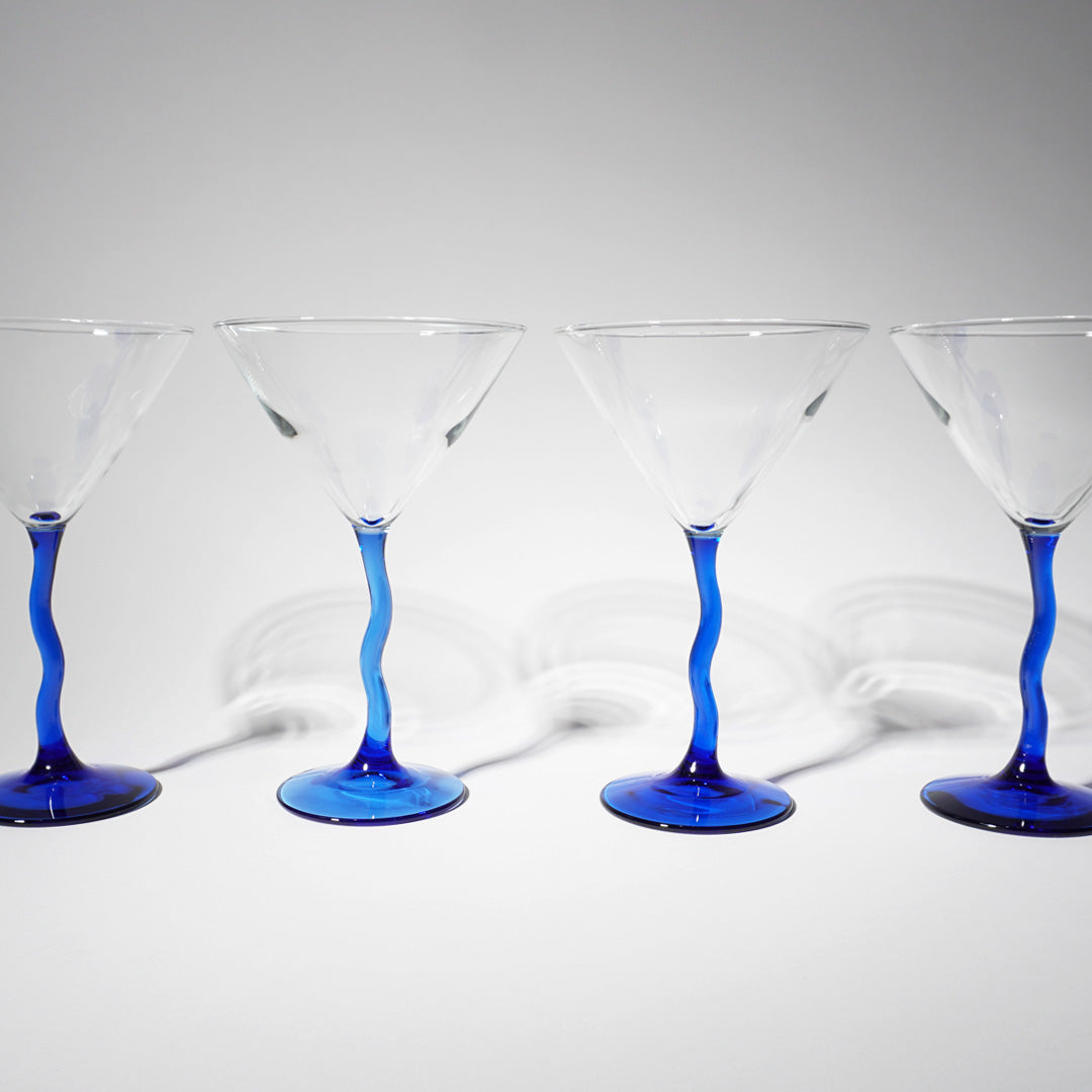 Vintage Blue Crooked Stem Martini Glasses, 1980s