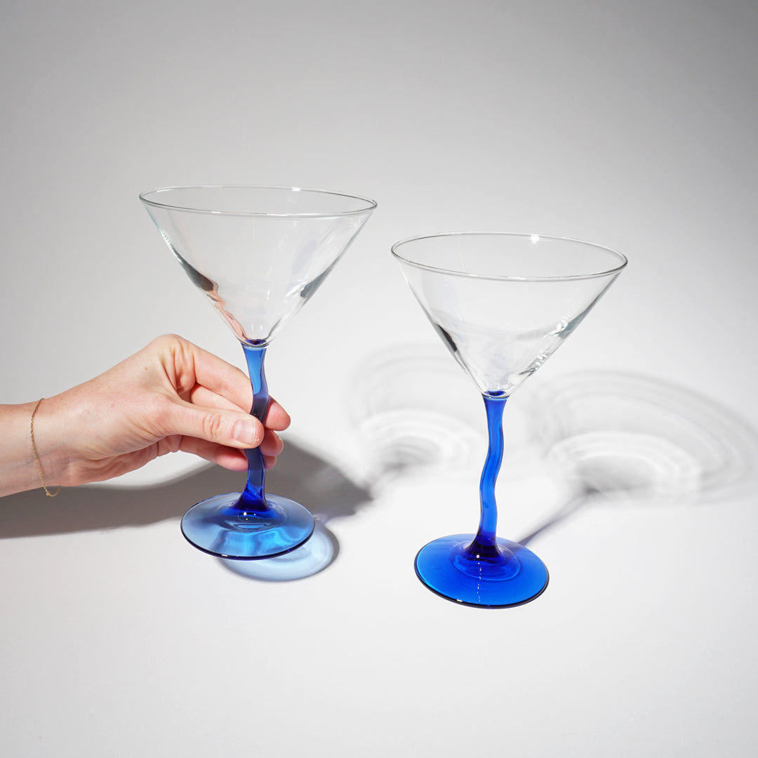 Vintage Blue Crooked Stem Martini Glasses, 1980s