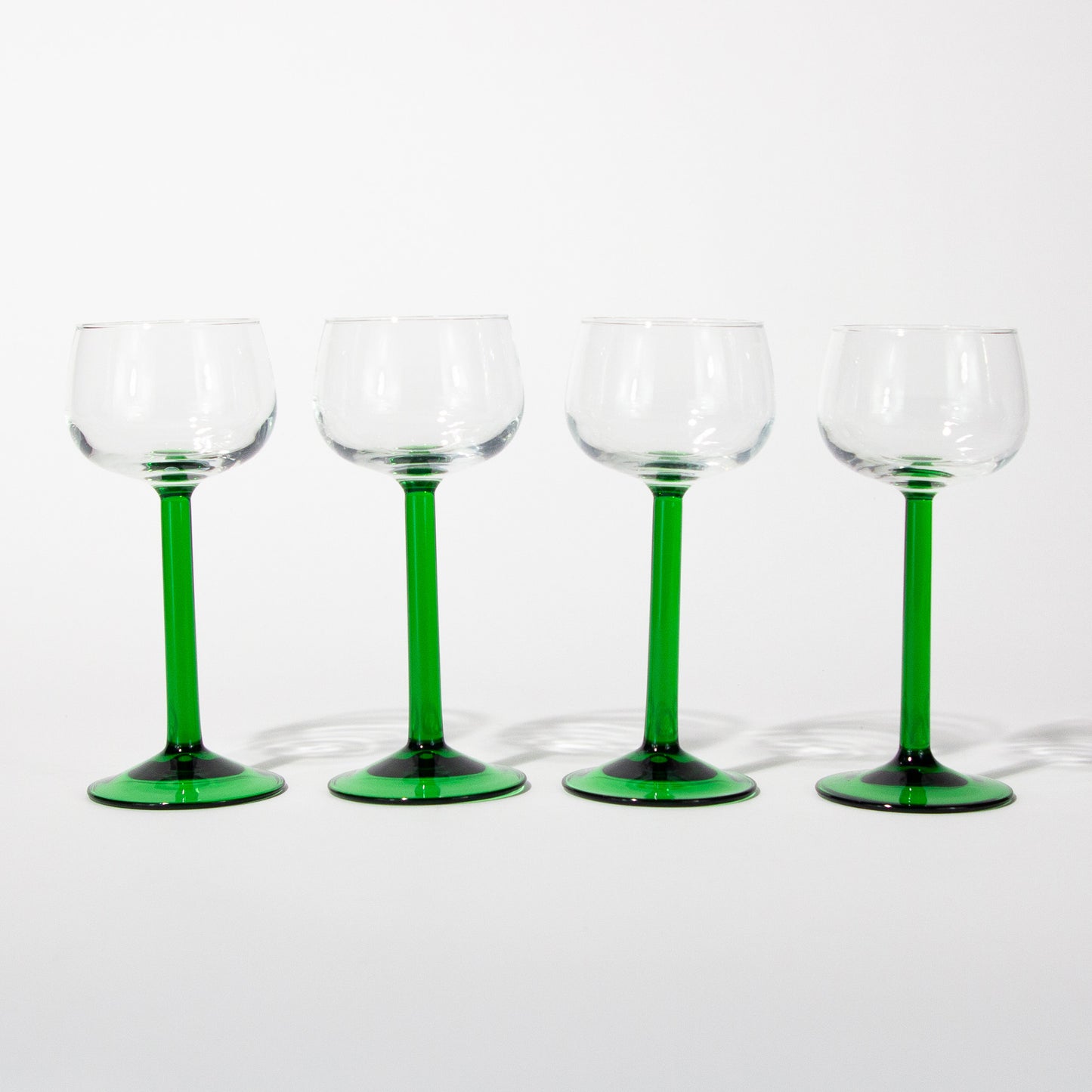 Vintage French Green Straight Stem Wine Glasses, Mid-century Modern, 1960s