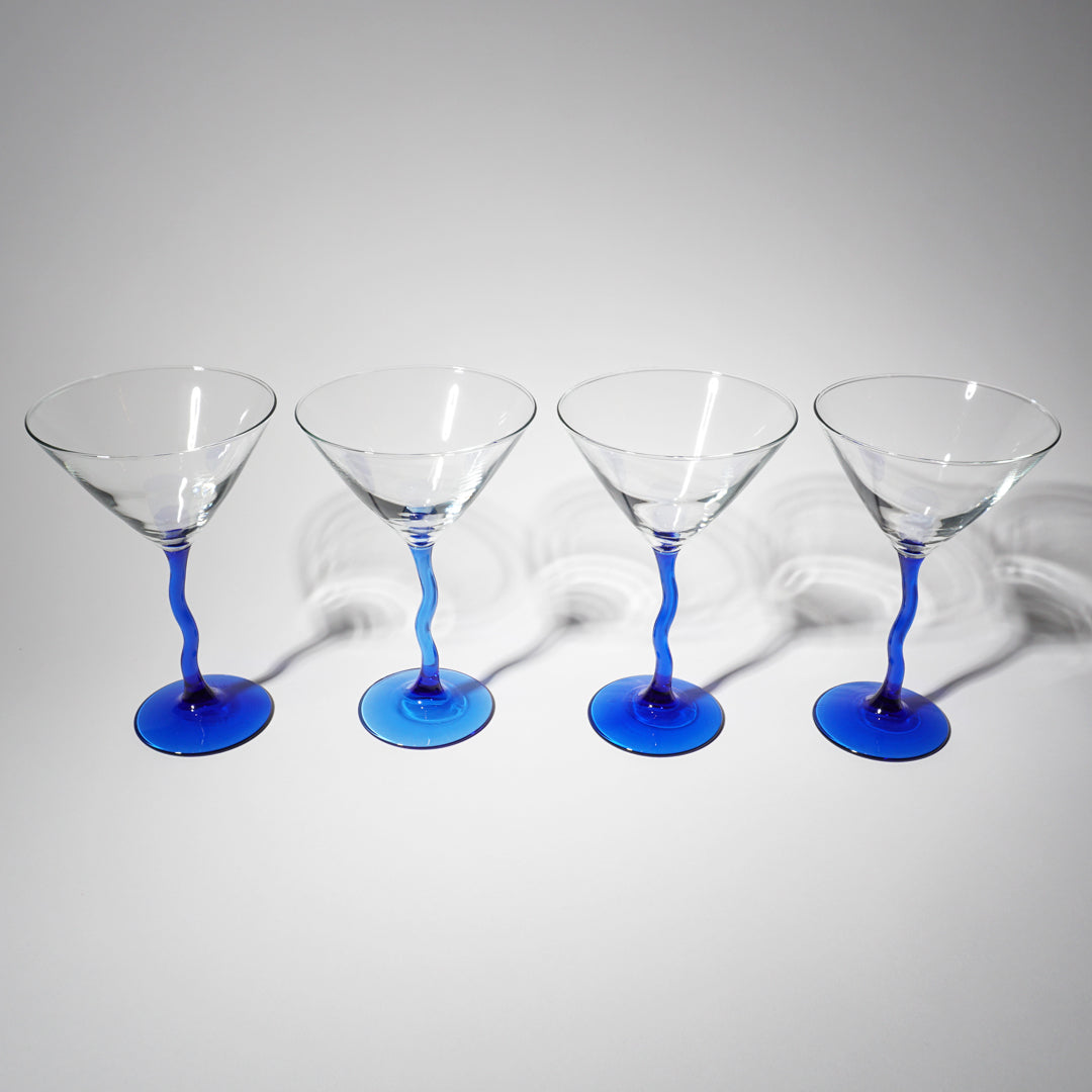 Vintage Blue Crooked Stem Martini Glasses, 1980s
