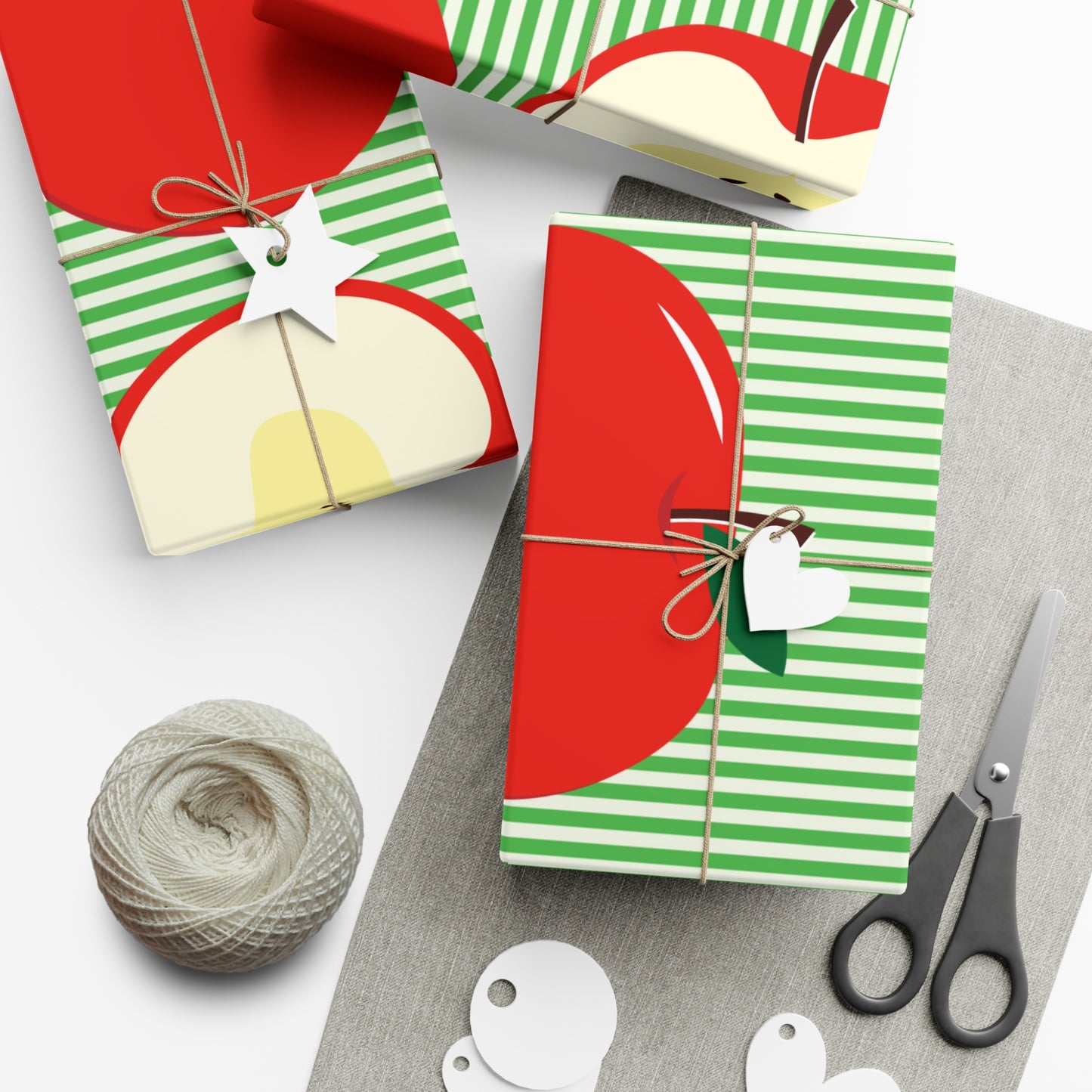 Apples on Green Stripes Gift Wrap Papers, Matte or Satin, Christmas Holiday Wrapping Paper