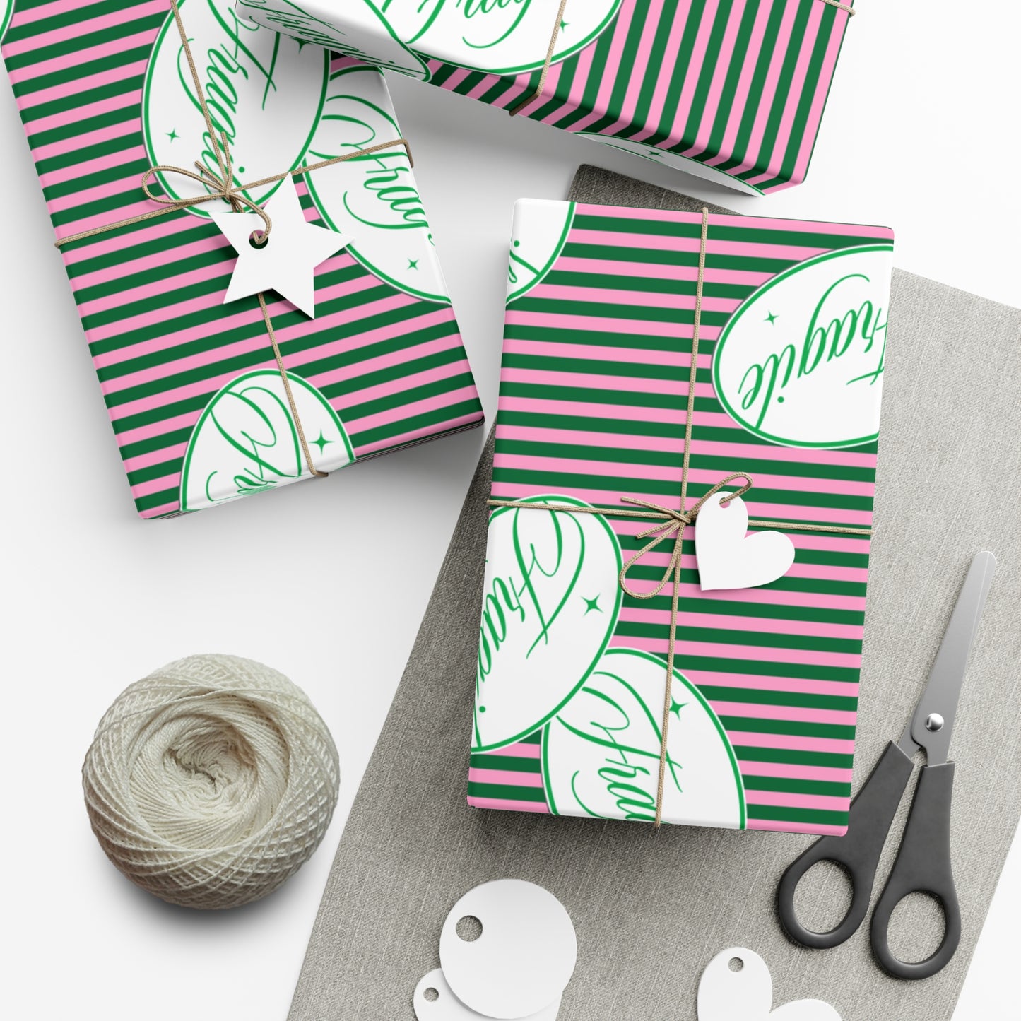 Fragile Sticker on Green & Pink Stripes Gift Wrap Papers, Matte or Satin, Christmas Holiday Wrapping Paper