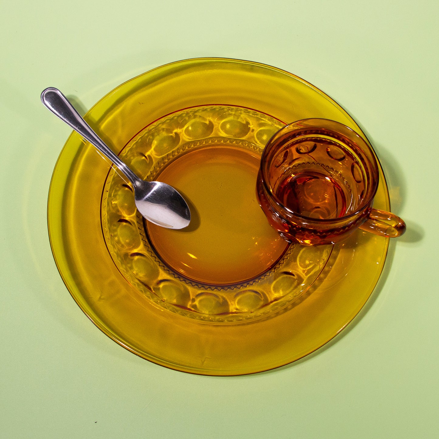Vintage Amber Glass Mug & Snack Plate Set, Mid-century 1970s