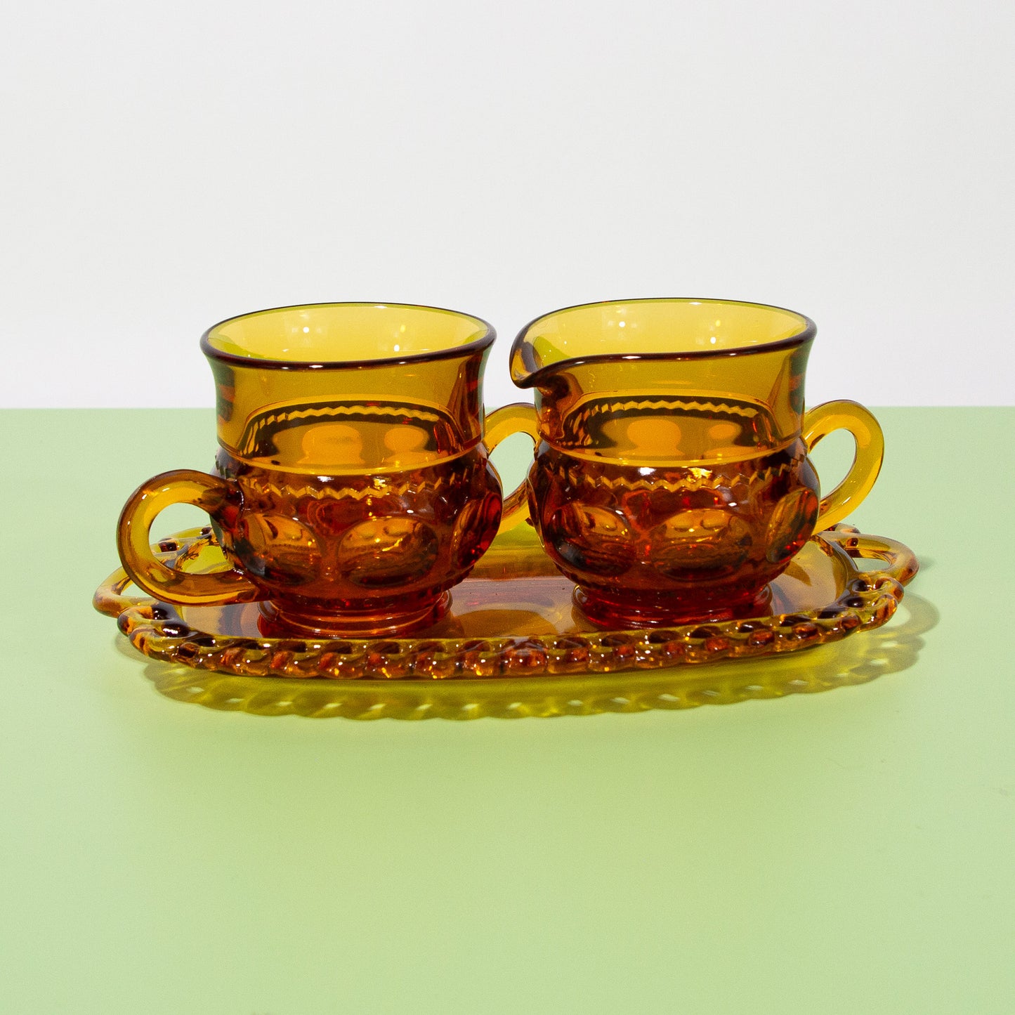 Vintage Amber Glass Sugar & Creamer Set with Saucer, 1980s