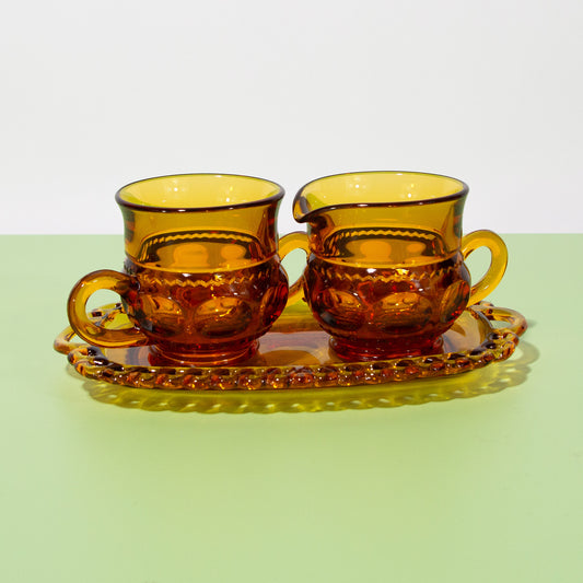 Vintage Amber Glass Sugar & Creamer Set with Saucer, 1980s