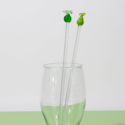 Vintage Handblown Apple & Pear Glass Swizzle Stick Set, Set of 2, 1970s
