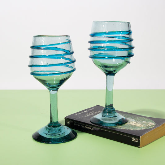 Vintage Blue Swirl Hand blown Wine Glasses, 1990s