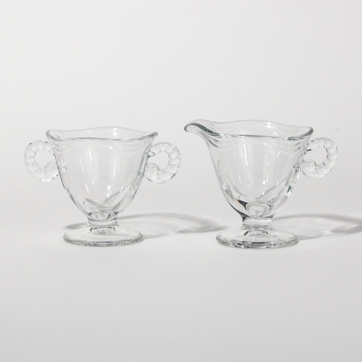 Vintage Bubble Handle Clear Glass Sugar & Creamer Set, 1940s