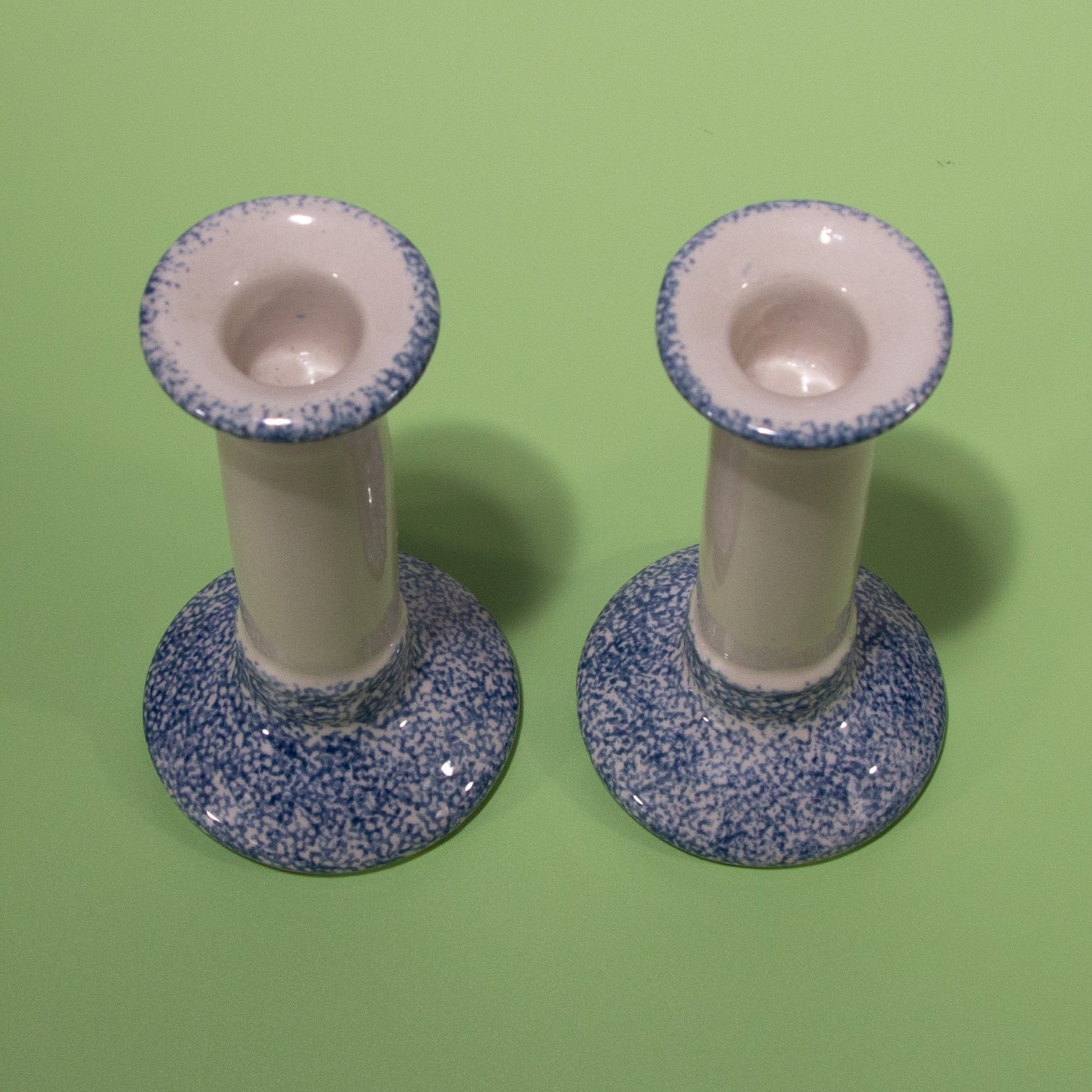 Vintage Ceramic Blue and White Speckled Candle Holders