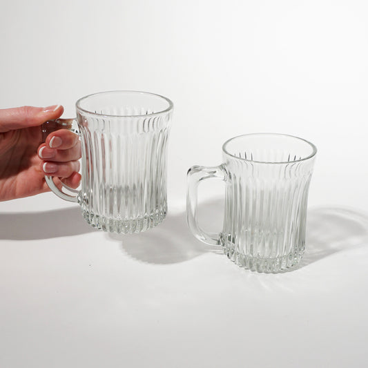 Vintage Clear Glass Ribbed Diner Mugs, 1970s Mid-century