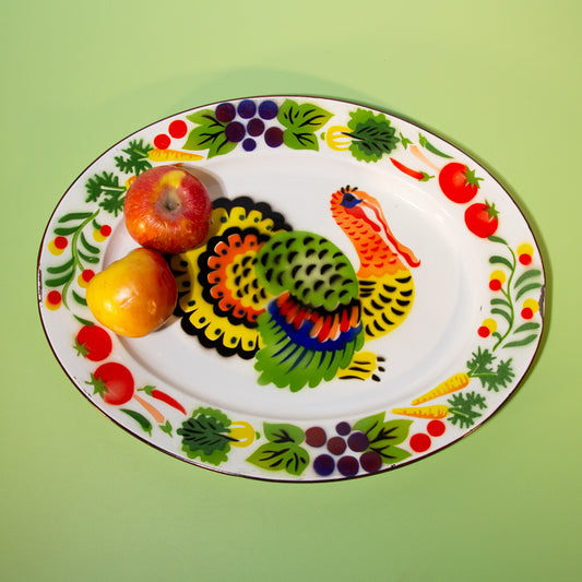 Vintage Enamel Turkey Tray, Thanksgiving Serving Tray, 1960s
