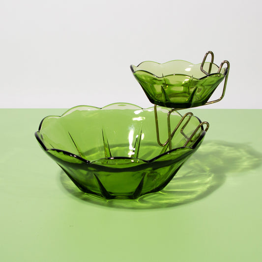 Vintage Green GlassChip & Dip Bowl Set, Mid-century 1970s